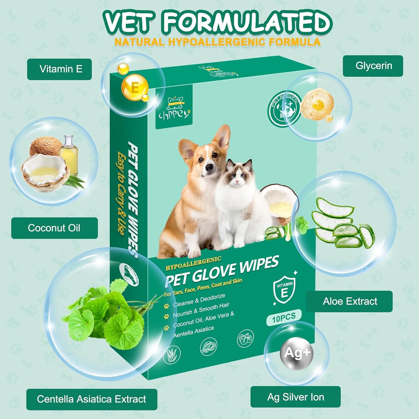 20 PCS Pet Cleaning and Deodorizing Bathing Grooming Glove Wipes for Dogs and Cats, Extra Thick Nourish Fur No-Rinse Grooming Wipes for Daily Care and Travel, Hypoallergenic