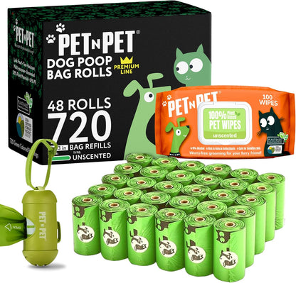 Pet N Pet 720 Counts, Unscented Dog Poop Bags Rolls, 38% Plant Based & 62% PE + 100% Plant Based Dog Wipes for Paws and Butt, 100 Counts Dog Pet Wipes, 8" x 8" Hypoallergenic Unscented Wipes