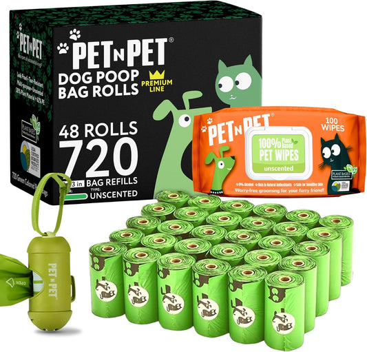 Pet N Pet 720 Counts, Unscented Dog Poop Bags Rolls, 38% Plant Based & 62% PE + 100% Plant Based Dog Wipes for Paws and Butt, 100 Counts Dog Pet Wipes, 8" x 8" Hypoallergenic Unscented Wipes