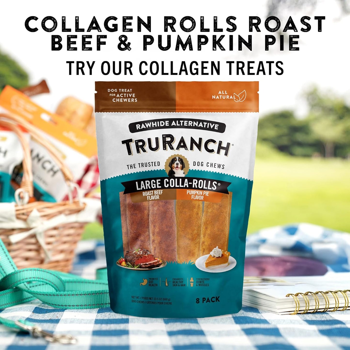 TRURANCH Large Collagen Rolls Roast Beef & Pumpkin Pie, 1 Bag, 8 Count, Holiday Limited Edition, Hydrolyzed Collagen, Rawhide Free, Healthy Limited Ingredients, for Small, Medium and Large Dogs