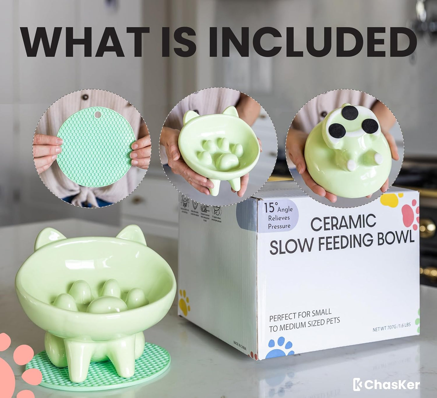 Ceramic Slow Feeder Bowl, Elevated Slow Feeder, Wide-Mouth, PAW Design, Stylish Design, for Fast Eaters, Non Slip, Dogs, Cats, Pets, Small & Medium Sized Breeds, (Green)