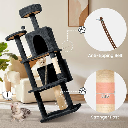 58.5inch Large Cat Tree Tower Condo for Indoor Cats, Soft Plush Multi-Level Climbing Tree Cat House with 1 360° Rotating Cat Cave, Scratching Post, More Entrance/Exit, Sisal Rope, Grey Black