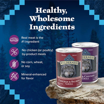 Blue Buffalo Wilderness High Protein Beef and Chicken & Salmon and Chicken Wet Dog Food Variety Pack for Adult Dogs, Grain-Free, 12.5 oz Cans (6 Pack)