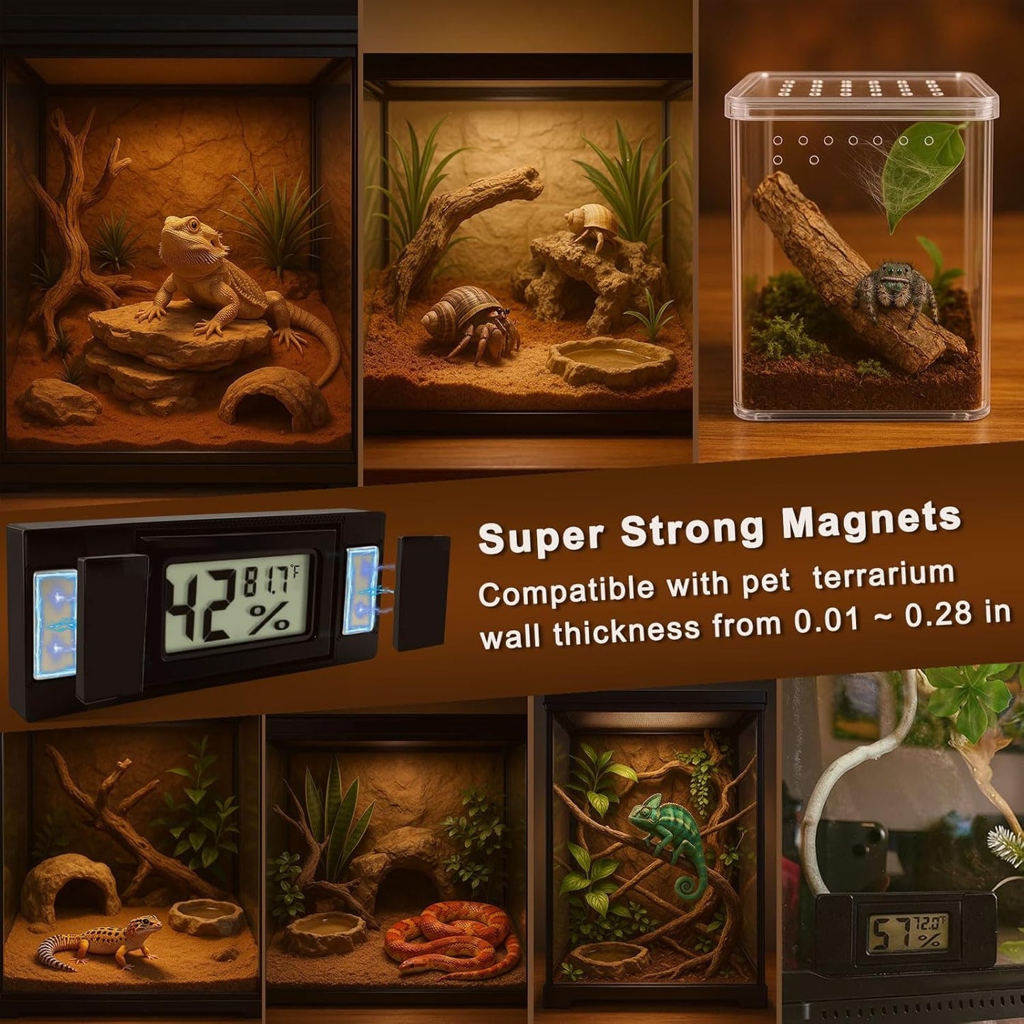 2pcs Magnetic Reptile Thermometer and Humidity Gauge,Fast Accurate Hygrometer Thermometers Terrarium Tank Accessories,for Bearded Dragon,Jumping Spider,Snake,Tortoise,Crab,Ball Python,Gecko (Black)