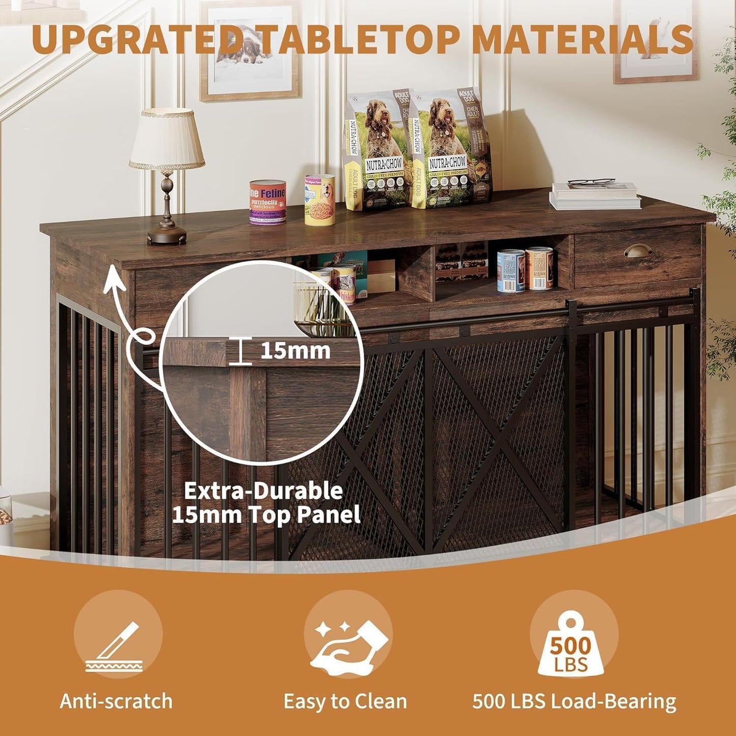 63 Inch Extra-Large Double Dog Crate Furniture with Removable Divider, Wooden Heavy-Duty Indoor Kennel Cabinet with 2 Storage Drawers and Open Shelves, Brown Dog Cage Console for Living Room