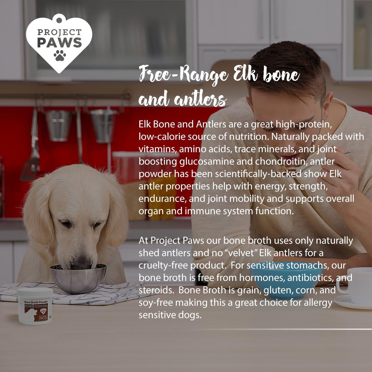 Bone Broth for Dogs with Powdered Elk Antler and Bone - Collagen and Mineral Rich Food Topper for Dogs - Whole Food Superfood Powder Multivitamin for Dogs - 4 oz