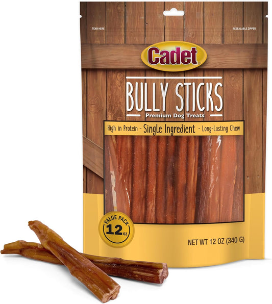 Cadet Bully Sticks for Small Dogs – All-Natural Beef Pizzle, High Protein, Low Fat, Long-Lasting, Grain & Rawhide-Free Dog Chews for Aggressive Chewers, Small (12 Ounce)
