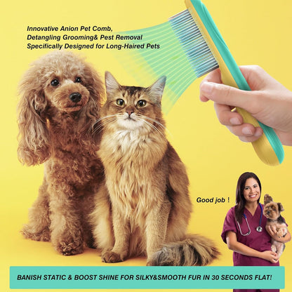 Professional 3-Row Tick & Flea Comb for Dogs & Cats - Stainless Steel Teeth with Negative Ion Anti-Static | Detangling Grooming Tool for Poodles, Shih Tzus & Long Haired Pets