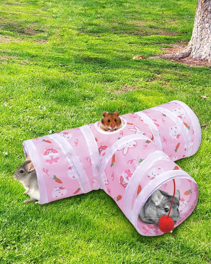 Bissap Rabbit Tunnel, 9.8'' Collapsible Bunny Tunnel and Tube 3 Ways Pet Hideout with 1 Play Ball for Indoor Kittens Dwarf Rabbits Bunnies Guinea Pigs Chinchillas Small Animal Activity Fun Toys (Pink)