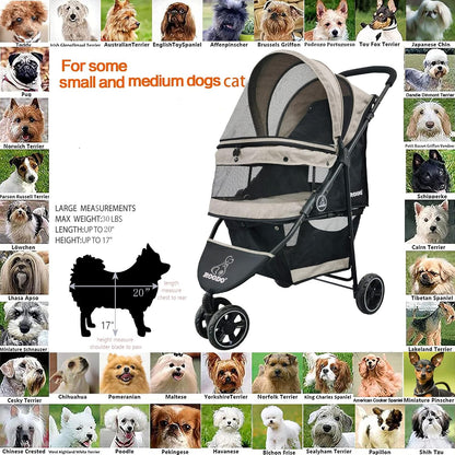 ROODO 3 Wheel Dog Pet Cat Stroller Best Lightweight Foldable Compact Portable Jogger All Terrain Travel Pet Gear Puppy Kitty Stroller for up to 30lbs Medium Small Dogs and Cats(Light Khaki)
