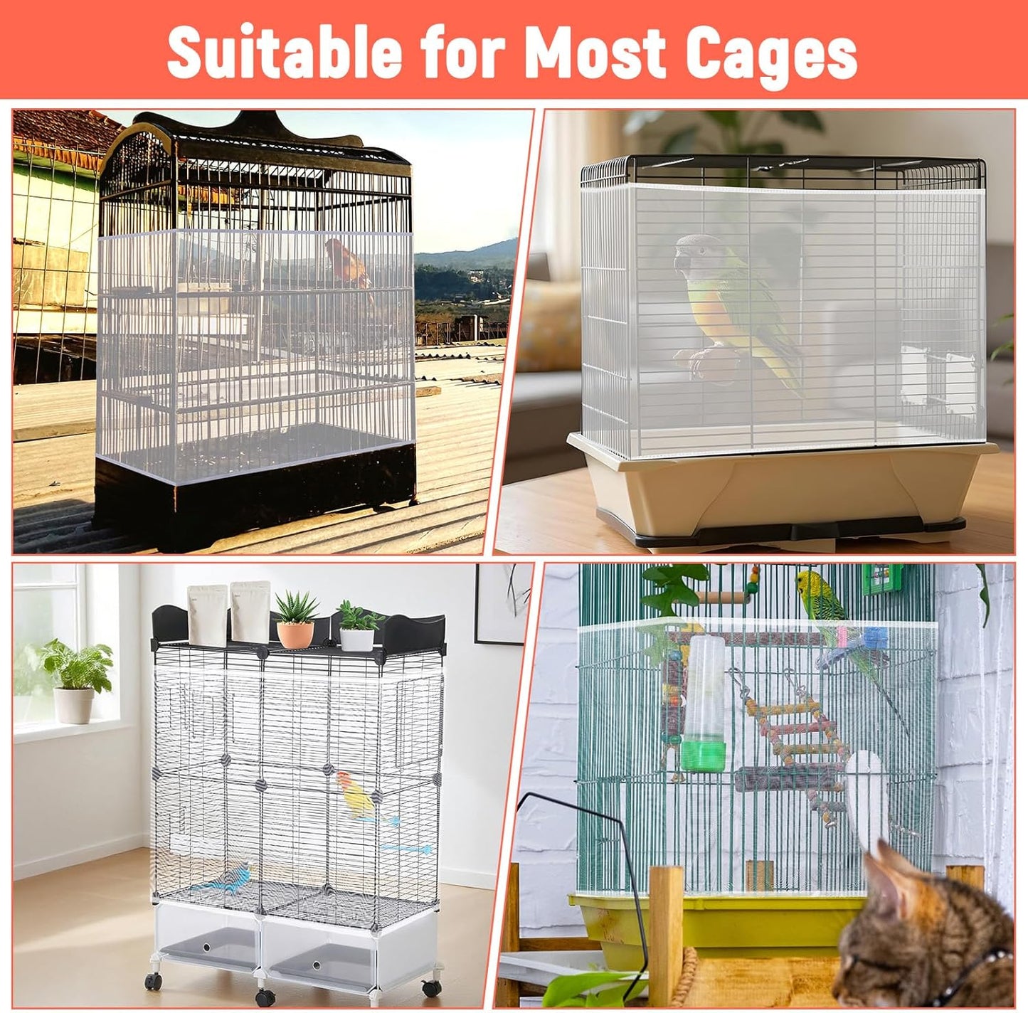 Large Bird Cage Cover Net, Adjustable Bird Cage Cover Net White Birdcage Nylon Mesh Nets Soft Airy Skirt Guard for Parrot Cages(118 x 32 Inch, White)