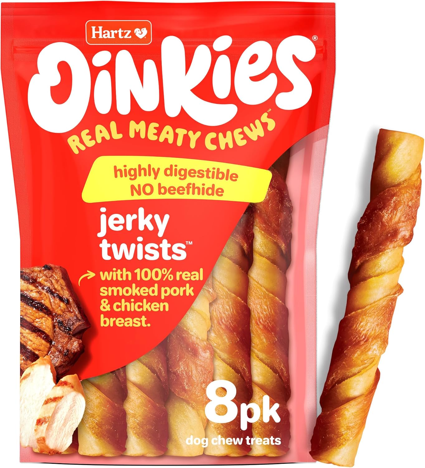 Hartz Oinkies Jerky Twists with Naturally Smoked Pork & Real Chicken Breast Dog Treats, Highly Digestible Long Lasting Dog Chews, 8 Count