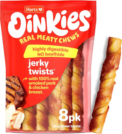 Hartz Oinkies Jerky Twists with Naturally Smoked Pork & Real Chicken Breast Dog Treats, Highly Digestible Long Lasting Dog Chews, 8 Count
