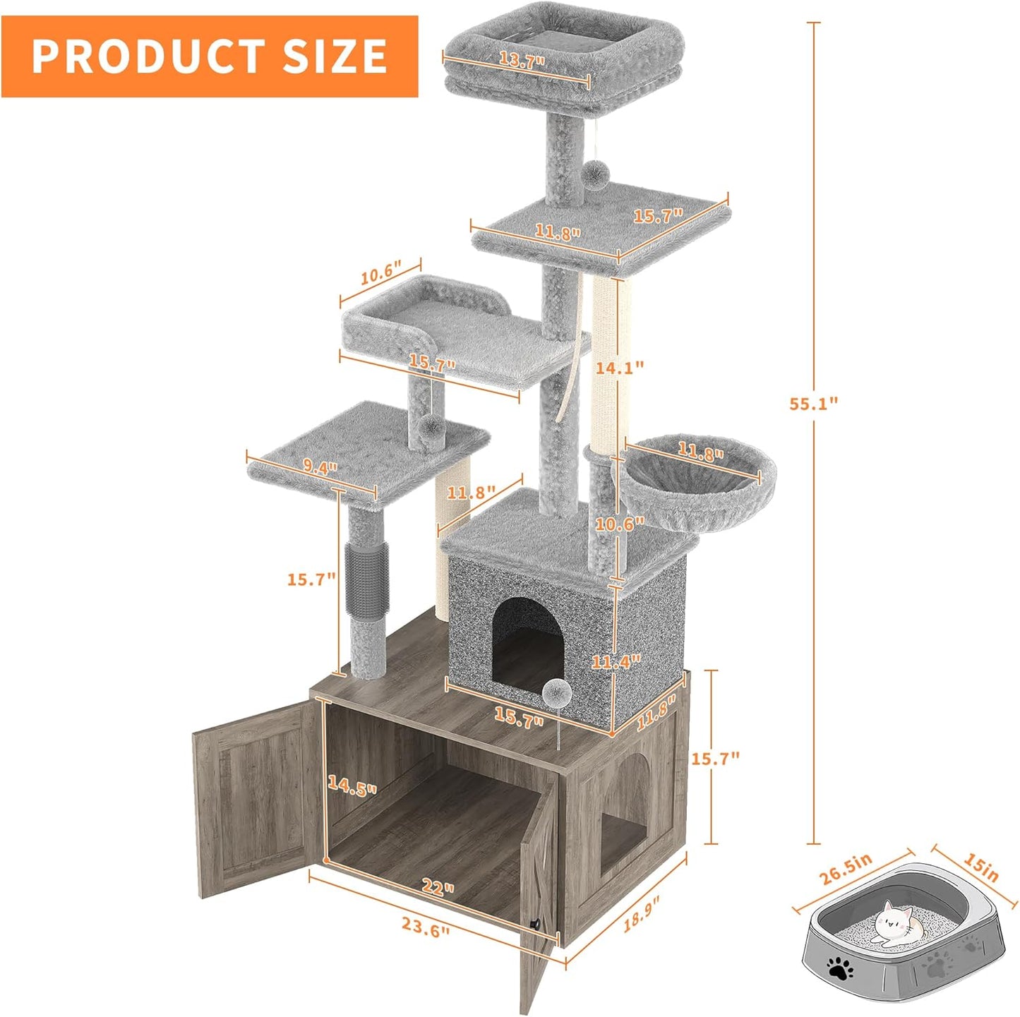 GarveeLife Litter Box Enclosure with Cat Tree, 2-in-1 Modern Cat Tower, Hidden Washroom Furniture, Wood Cat Condo with Scratching Post and Hammock, Indoor Pet Furniture with Multiple Platform, Grey
