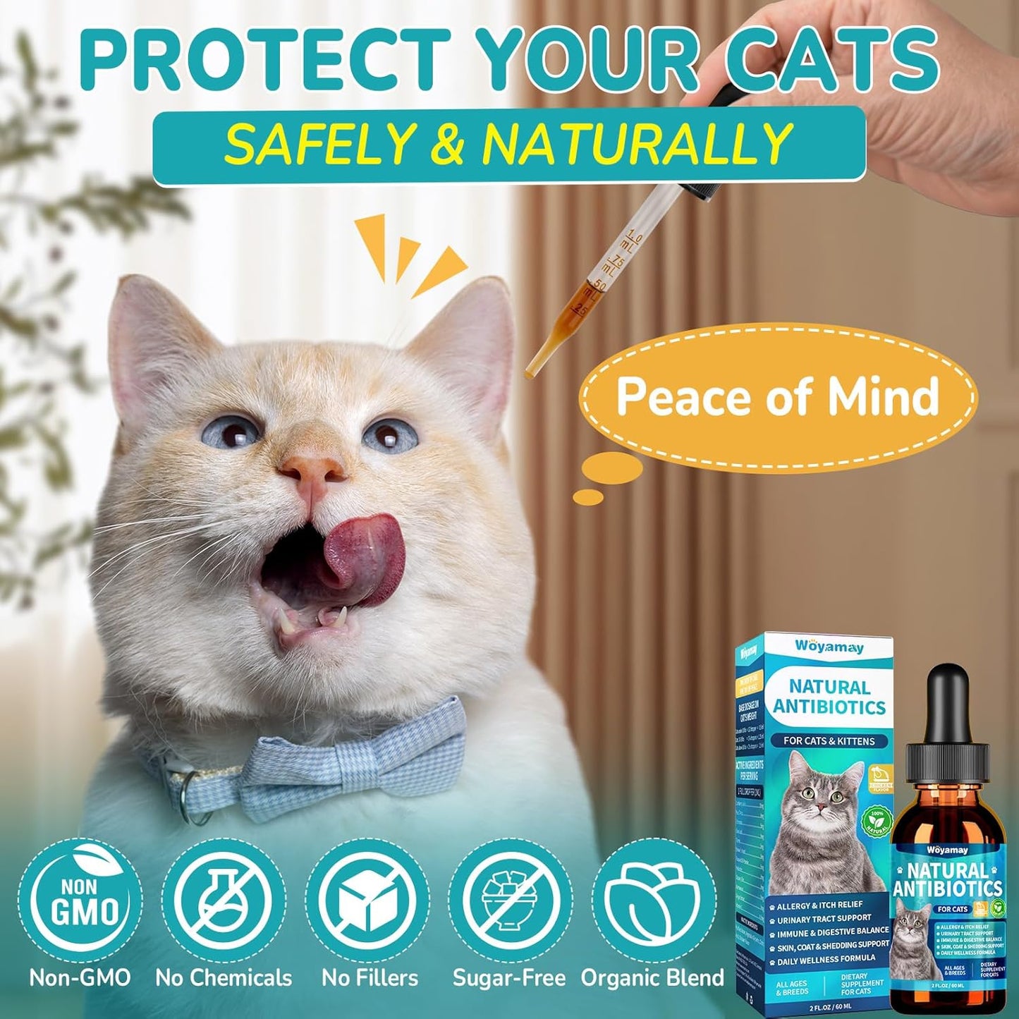 Antibiotics for Cats, Natural Antibiotic for Allergy Relief, Urinary Tract Health, Itch Relief & Digestion Care, Cat Allergy Relief for Cats, Cat Immune Support Supplement, 2 Fl Oz