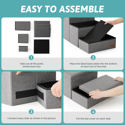 Dog Stairs with Storage, 3-Step Wider Sturdy Dog Steps for Small/Medium/Large Dogs and Older Cats, Folding Doggie Ramp for Bed/Couch/Car Hold Up to 180 lbs (16.7" H, Grey)