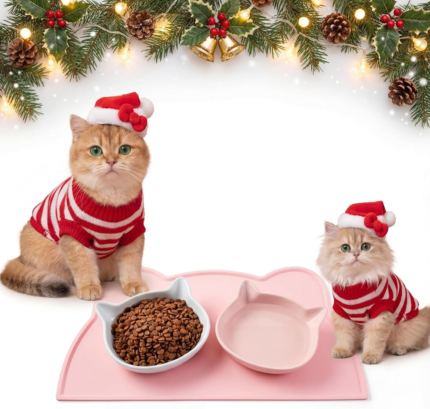 Ceramics Cat Food Bowls and No Spill Silicone Cat Ear Mat 3 Pcs Set Christmas Pet Dining Combo Gift Wide Shallow Cute Pet Dog Feeding Dish Thicker Nonslip Mat with Raised Edge for Small Medium Puppies