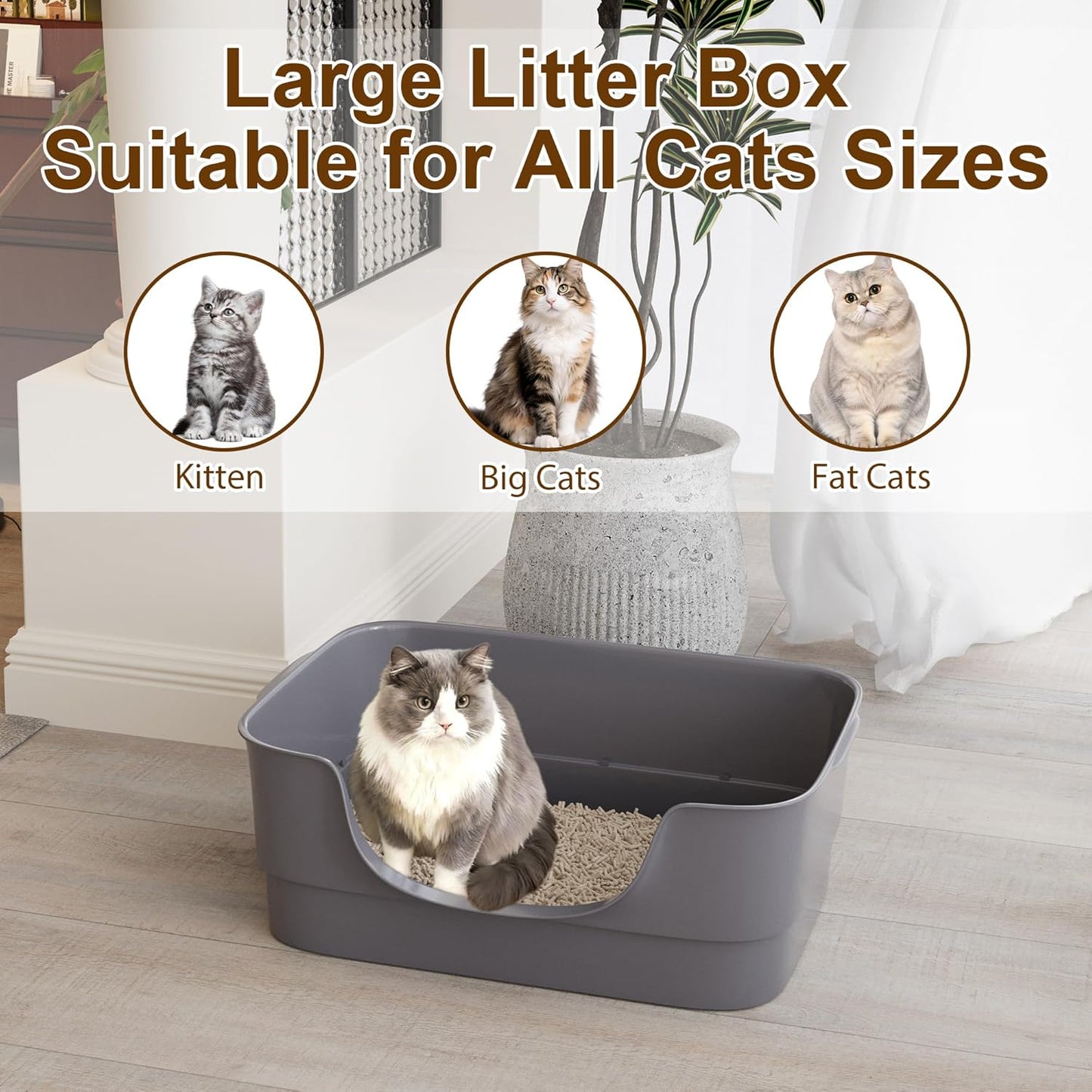 Extra Large Cat Litter Box for Big Cats - High Sides & Low Enter Design, 23.6x17.1x8.54 Inches Spacious Anti-Spill Pet Toilet（Grey）