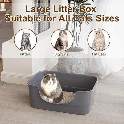 Extra Large Cat Litter Box for Big Cats - High Sides & Low Enter Design, 23.6x17.1x8.54 Inches Spacious Anti-Spill Pet Toilet（Grey）