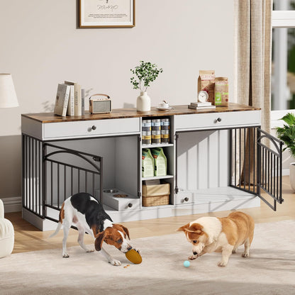GarveeHome Dog Crate Furniture for 2 Dogs, Dog Kennel Indoor with Storage and Feeding Bowls, Double Dog Crate TV Stand for Small Medium Dogs, White