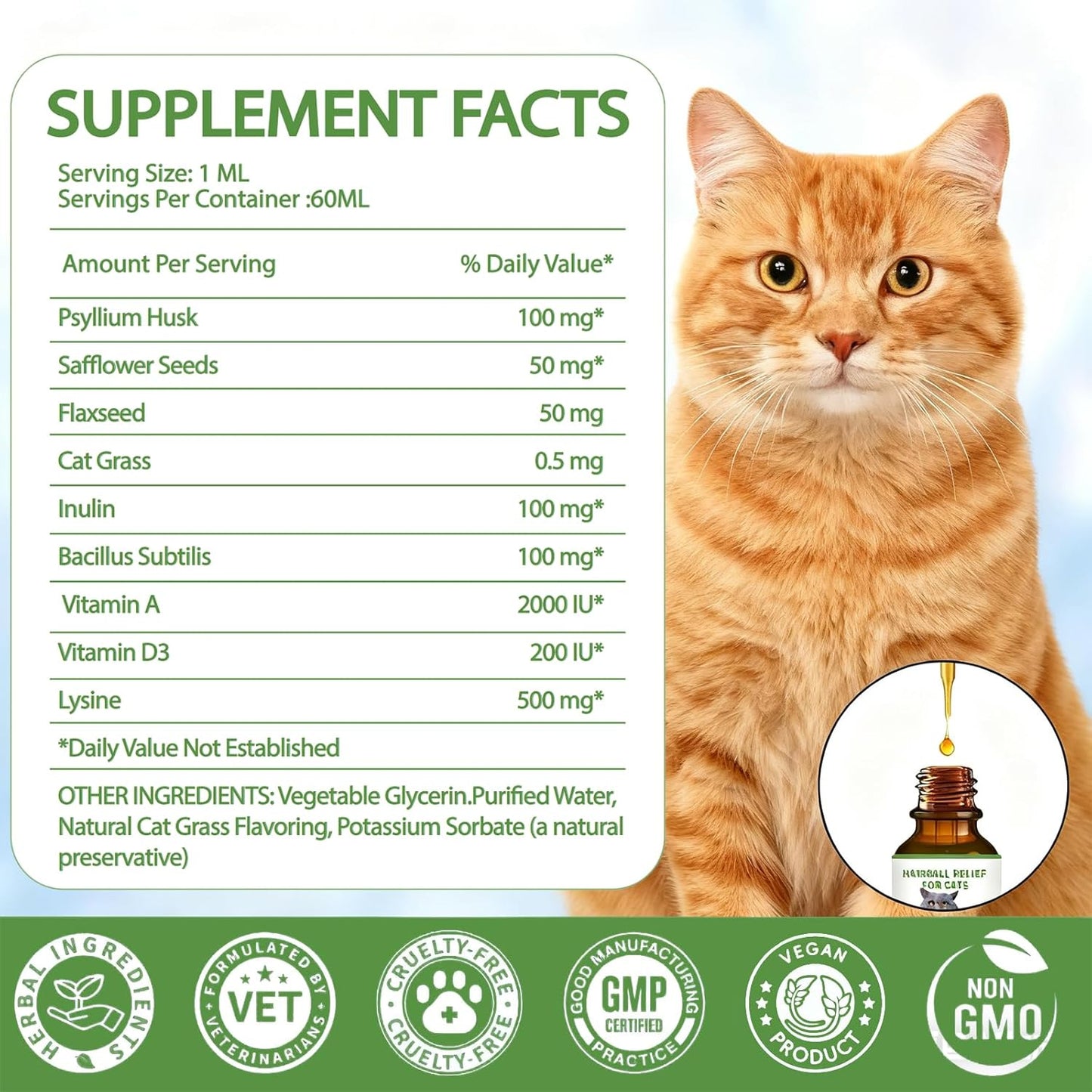 Hairball Treatment for Cats - Cat Hairball Remedy - Supports Skin & Coat, Digestion, Cat Furball Treatment, Helps Eliminate and Prevent Hairballs for Indoor Cats and Kittens(Cat Grass Flavor)