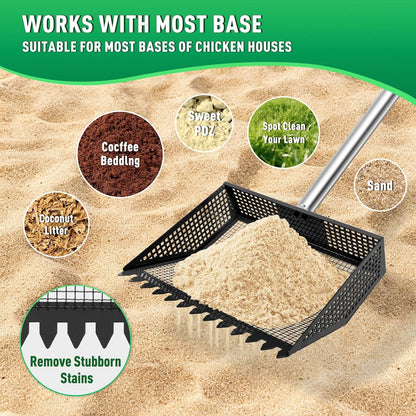 TOOGE Upgraded Chicken Poop Scooper: 9.6" Metal Pooper Scooper & Rake 4-Section Long Handle Chicken Coop Scoop Scoopers Accessories Large Sand Sifter Litter Shovel for Yard/Farm/Stable/Beach Black
