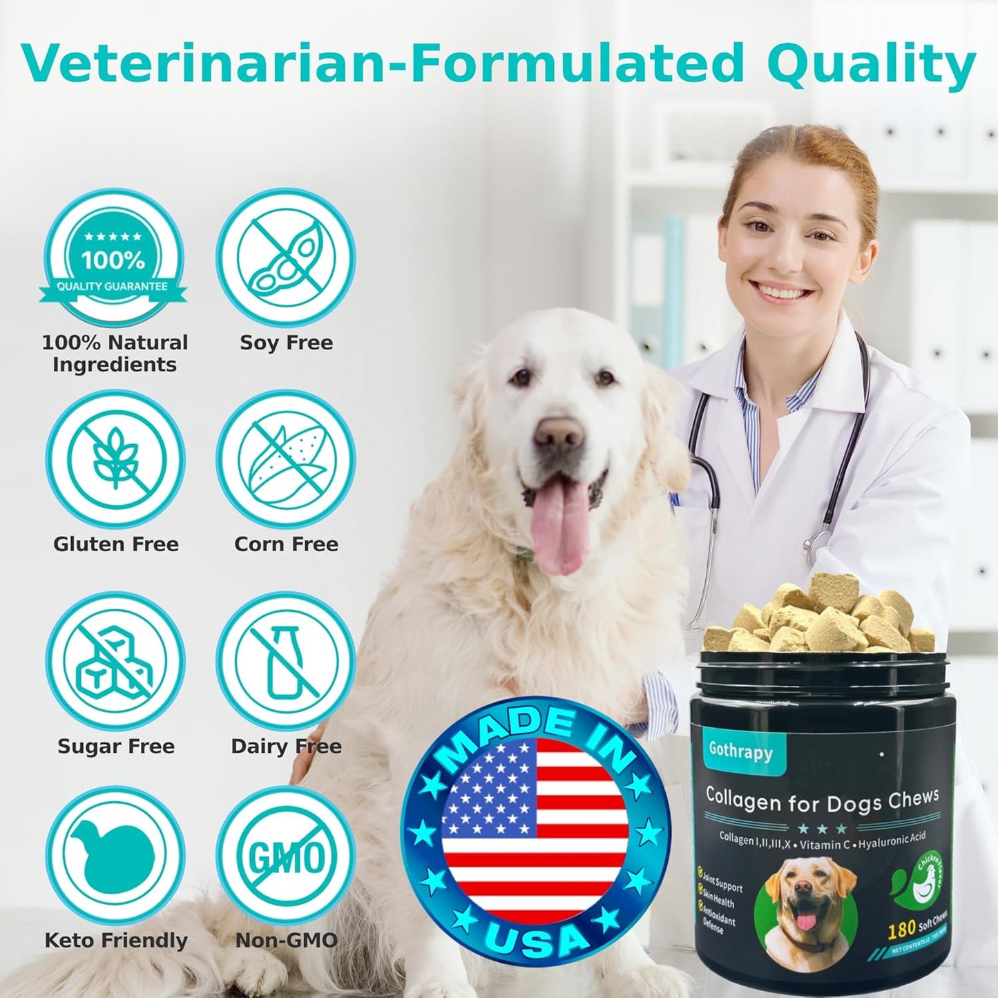 Multi Collagen for Dogs | Hip & Joint Support, Skin & Coat Health | Vet-Formulated Pet Supplement with Hyaluronic Acid & Vitamin C | All Ages & Breeds | Chicken Flavored - 180 Soft Chews