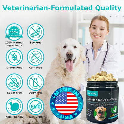 Multi Collagen for Dogs | Hip & Joint Support, Skin & Coat Health | Vet-Formulated Pet Supplement with Hyaluronic Acid & Vitamin C | All Ages & Breeds | Chicken Flavored - 180 Soft Chews