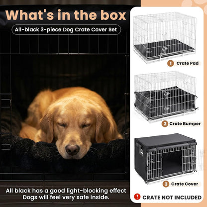 Lounsweer 3 Pcs Dog Crate Cover Set with Kennel Cover, Bed Mat & Bumper Pad, All-Black Pet Kennel Sunshade Accessories Fit for 42 Inch Wire Crates, Light Reducing Puppy Training Crate Privacy