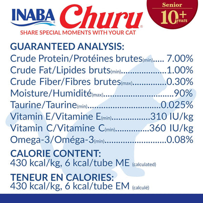 INABA Churu for Senior 10+, Creamy Lickable Cat Treats with Taurine, Vitamin E & C, 0.5 Ounces Each, 20 Tubes, Tuna Variety