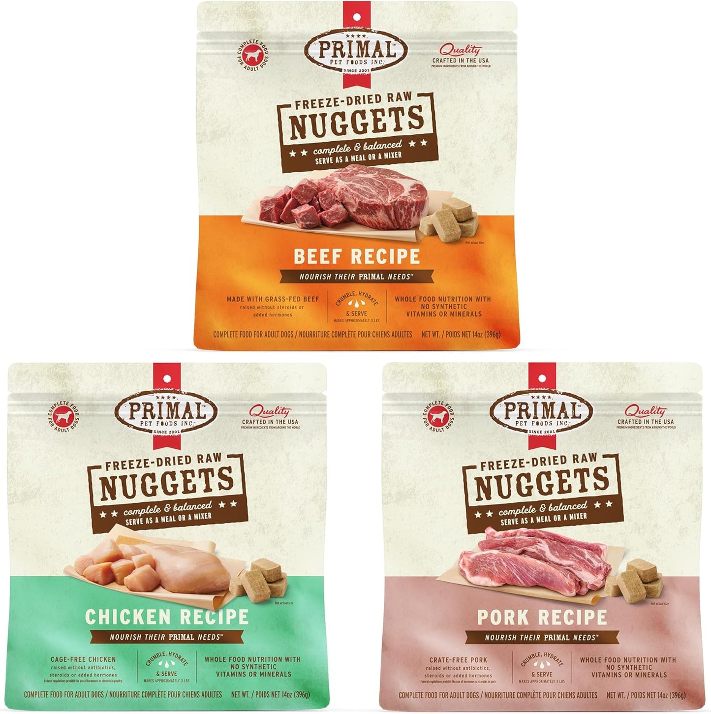 Primal Freeze Dried Raw Dog Food Nuggets High-Energy Protein Bundle, Beef, Chicken, Pork - Complete & Balanced Meal, Topper or Treat, Premium, Healthy, Grain Free, High Protein, 14 oz Each