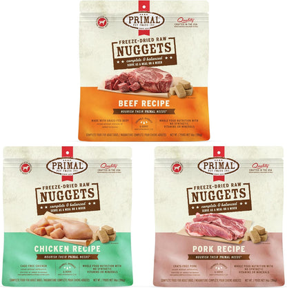 Primal Freeze Dried Raw Dog Food Nuggets High-Energy Protein Bundle, Beef, Chicken, Pork - Complete & Balanced Meal, Topper or Treat, Premium, Healthy, Grain Free, High Protein, 14 oz Each