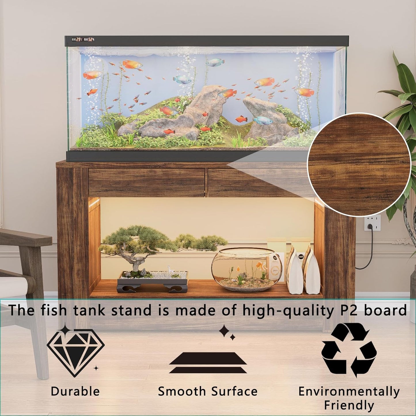 55–75 Gallon Aquarium Stand for Fish Tank & Turtle ,Reptile,Amphibian Terrariums, MDF Tabletop & Drawers, Reinforced Metal Frame, LED Lighting, Power Outlets (Rustic Brown)