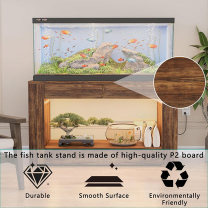 55–75 Gallon Aquarium Stand for Fish Tank & Turtle ,Reptile,Amphibian Terrariums, MDF Tabletop & Drawers, Reinforced Metal Frame, LED Lighting, Power Outlets (Rustic Brown)
