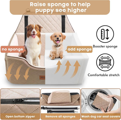 Dog Car Seat for Large-Medium Dogs: Pet Car Seat, Detachable Washable Dog Booster Seat, Pet Travel Bed with Storage Pockets and Dogs Safety Belt (Coffee, Large)