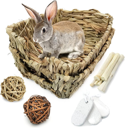 Hamiledyi Rabbit Grass Bed for Bunny, 12 Pcs Pet Bunny Chew Toys Natural Hand-Made Woven Hay Mat Hamster Grass Basket Small Animals Bedding for Guinea Pig Chinchilla Ferret Gerbil Rat