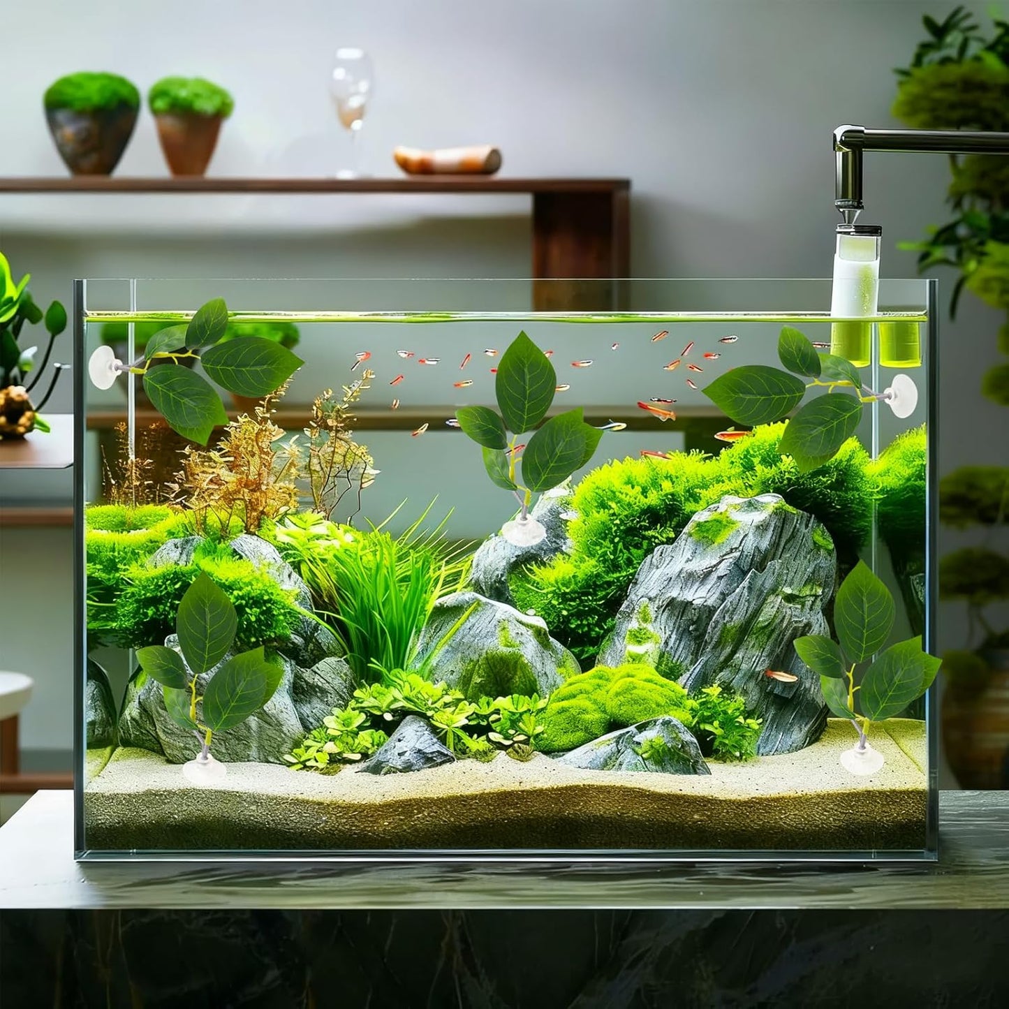 4 Pcs Betta Fish Leaf Pads with Suction Cups Adjustable Aquarium Tank Accessories Plastic Simulated Plants for Betta Resting Breeding Spawning and Playing Décor