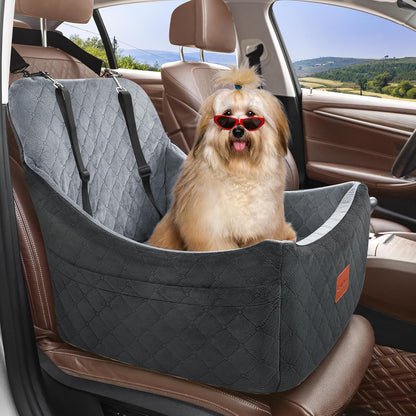 Dog Car Seat for Medium Dogs Up to 40lbs,Fully Detachable and Washable,Memory Foam Covered Soft Fabric,Easy to Install with Adjustable Straps,Anti-Slip Base,2 Side Pockets(Black/Grey,Medium)