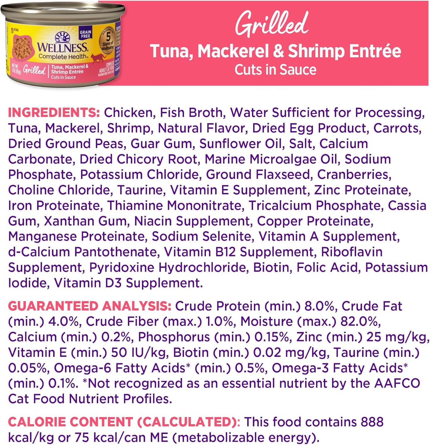 Wellness Complete Health Grilled, Adult Wet Cat Food, Natural, Protein-Rich, Grain-Free, Canned, 3 Ounce, 12 Pack, (Tuna, Mackerel & Shrimp Entrée Recipe)