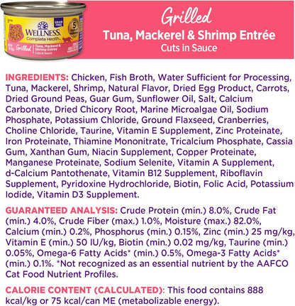 Wellness Complete Health Grilled, Adult Wet Cat Food, Natural, Protein-Rich, Grain-Free, Canned, 3 Ounce, 12 Pack, (Tuna, Mackerel & Shrimp Entrée Recipe)