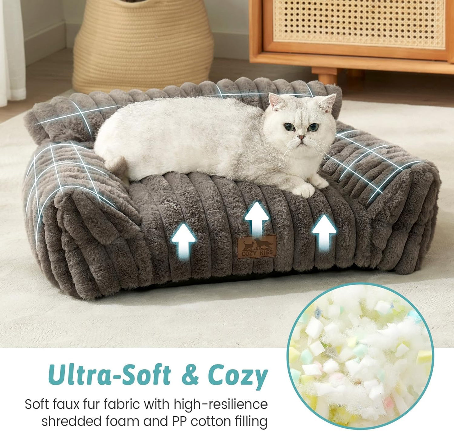 Cute Cat Couch, Fluffy Sofa Bed for Cats and Small Dogs, Premium Faux Rabbit Fur Cats beds for Indoor Cat, Ultra-Soft Supportive Pet Couch Furniture (Grey, M: 31.5''x23.5'')