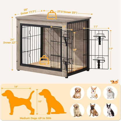 Yaheetech 27.5'' Dog Crate Furniture with Cushion Wooden Dog Crate with Double Doors/Adjustable Feet Side End Table for Small/Medium Dogs, Greige