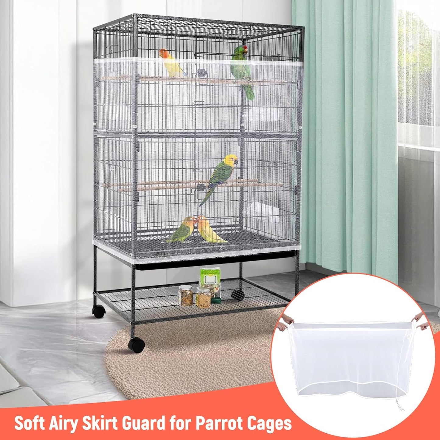 Large Bird Cage Cover Net, Adjustable Bird Cage Cover Net White Birdcage Nylon Mesh Nets Soft Airy Skirt Guard for Parrot Cages(118 x 32 Inch, White)