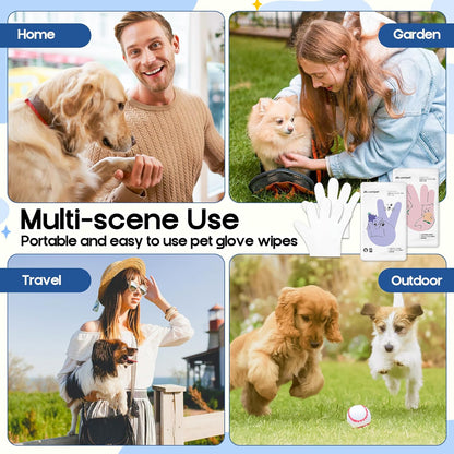 Pet Glove Wipes for Dogs - 14Pcs Peach & Bluebell Scented Pet Cleaning Gloves, No Rinse Deodorizing Grooming Wipes for Dogs and Cats Paws Body Butt, Suitable for Daily Care Dry Cleaning Travelling