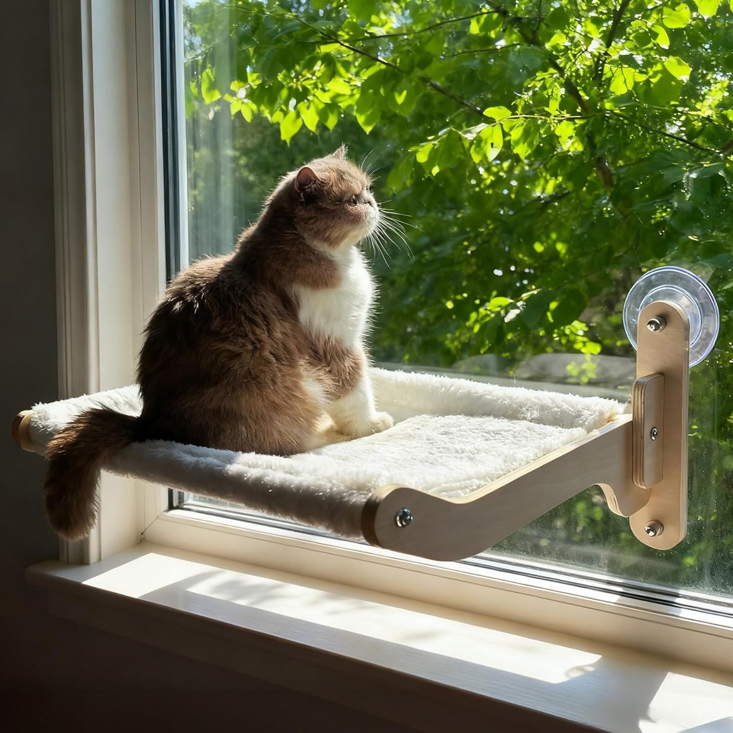 Cat Window Perch Hammock Bed - Foldable Hardwood Frame, No-Drill with Strong Suction Cups, Plush Faux Rabbit Fur for Large Cats up to 50lbs