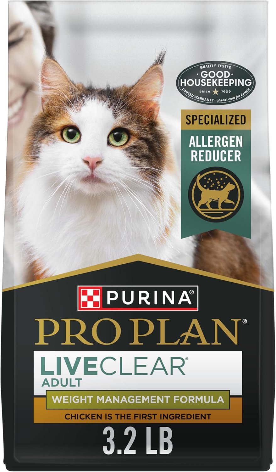 Purina Pro Plan LiveClear Cat Food Weight Management and Cat Allergen Reducer Chicken and Rice Formula - 3.2 lb. Bag