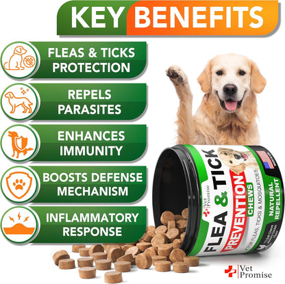 Flea and Tick Prevention for Dogs Chews - Natural Dog Flea and & Tick Control - Advanced Oral Pills Supplement Treatment for All Breeds & Size - Vet Formulated - Soft Chewables - Made in USA