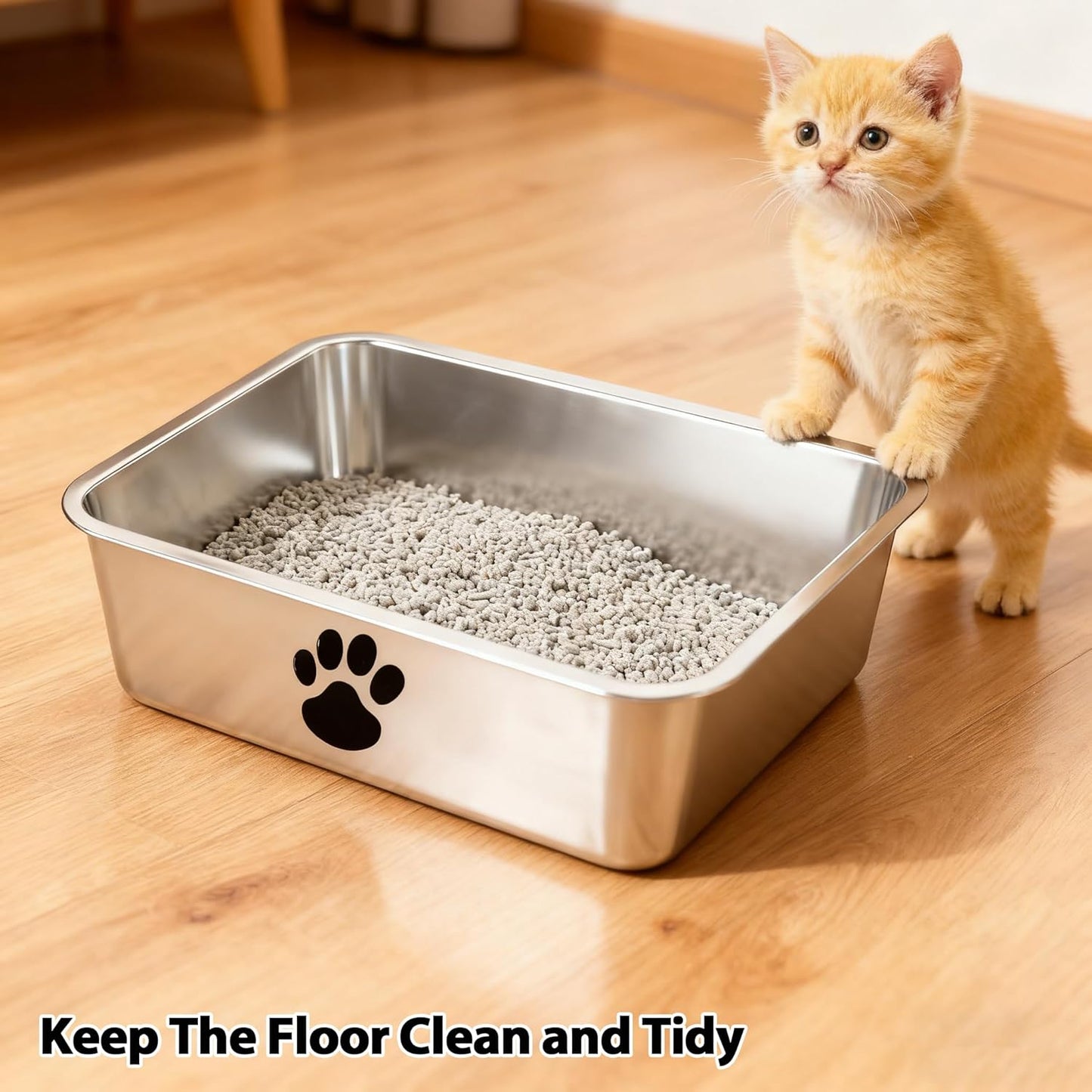 Stainless Steel Cat Litter Box with Cat Litter Scoop, Small Metal Kitten Litter Pan, Indoor Litter Tray Pet Toilet Supplies for Kitty,Rabbits,Guinea Pigs,Ferrets,Easy to Clean
