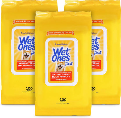 Wet Ones for Pets Multi-Purpose Dog Wipes with Aloe Vera, 100 Count - 3 Pack & Vet's Best Dog Toothbrush & Toothpaste Kit - Natural Ingredients Reduce Plaque, Whiten Teeth, Freshen Breath