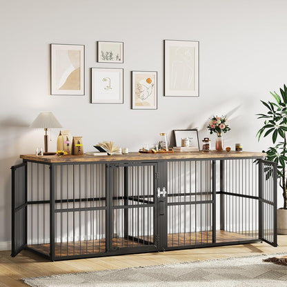 Extra Large Double Dog Crate Furniture with Divider – Heavy Duty Wooden Kennel Cage – Fits 2 Medium or Large Dogs – 3 Doors, Modern TV Stand, Indoor Pet House – Black